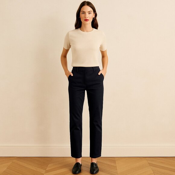 Longchamp High Rise Cotton Chino Pant in Navy Blue - Picture 1 of 10